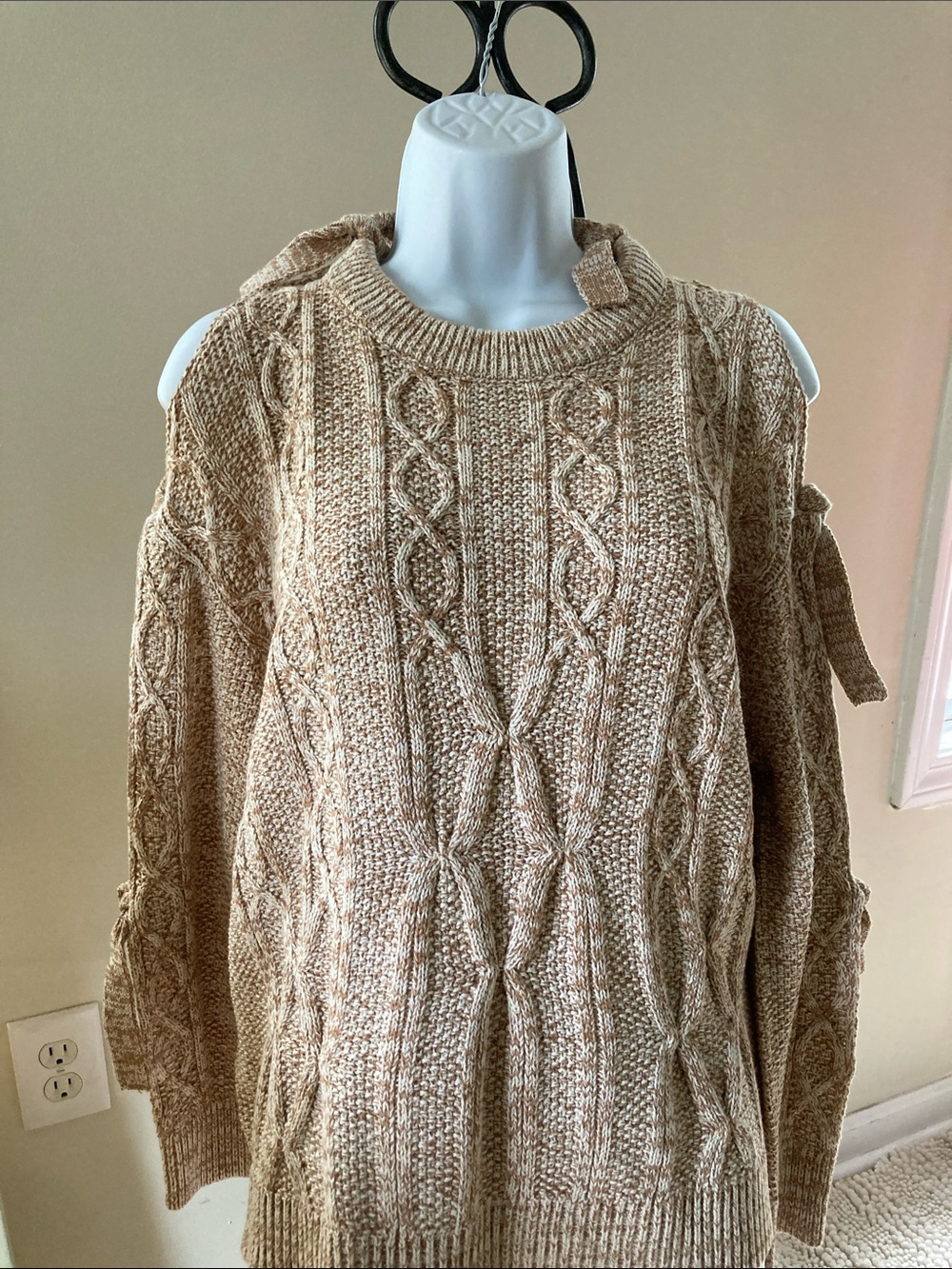 Project Naadam Women's Beige Cold Shoulder Cable Knit Sweater with Side Ties